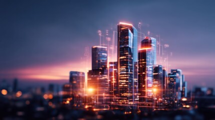 Naklejka premium A futuristic city skyline illuminated by digital lights during twilight, showcasing modern architecture and advanced technology.