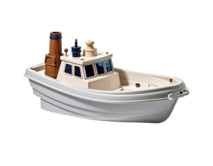 Small, light beige toy tugboat with brown details