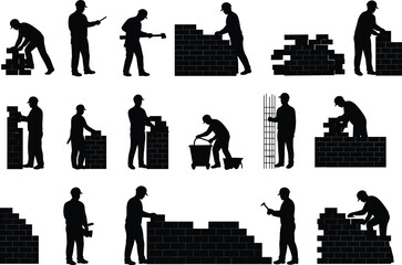 Silhouettes of bricklayers, construction workers building walls, using tools, laying bricks, masonry labor, construction site work, black outline, builders isolated vector illustration