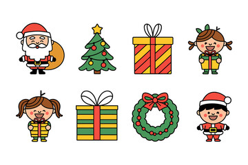 Naklejka premium Vector art of cute cartoon christmas characters and elements like santa claus, christmas tree, gift box, wreath, and girl