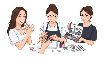 Fototapeta premium Three diverse women in a nail salon or beauty school learning and practicing nail art techniques with polish and tools
