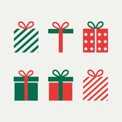 Vector art of a collection of six festive christmas gift boxes with red and green ribbons, some with stripes and others with stars, isolated on a light background