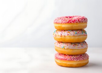 Stack of Pink and White Donuts with Sprinkles on Marble Background