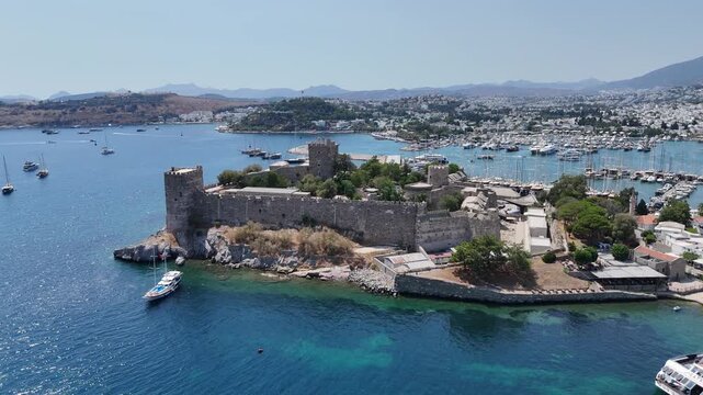 Aerial view of Bodrum castle with boats and yachts by the Aegean sea