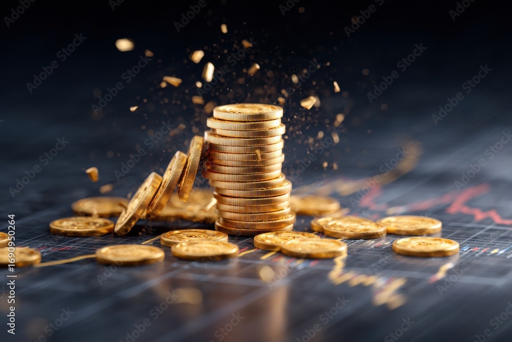 Poster a dynamic image showing stacks of gold coins with some coins scattered, set against a financial grap