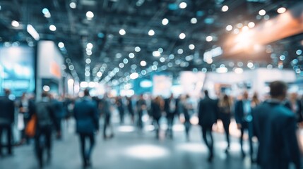 Blurred convention scene captures bustling networking event with attendees, exhibition stands and bright lights offering an immersive experience.