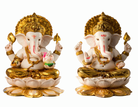 Gold and White Ornamental Ganesha Duo with Floral Accents, Symmetrical Composition, Isolated
