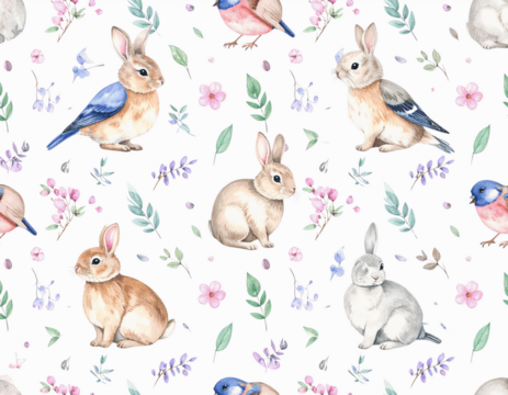 Watercolor Woodland Animals and Leaves Seamless Pattern, Soft Pastel Spring Theme, isolated on transparent background