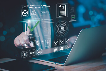 Concept of ISO compliance with AI-enabled checklist as professional taps virtual check mark on...