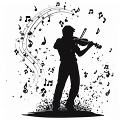 Melody of the Soul: Silhouette of a violinist engrossed in his performance, the music notes creating an aura, showing the artistry of the performer.