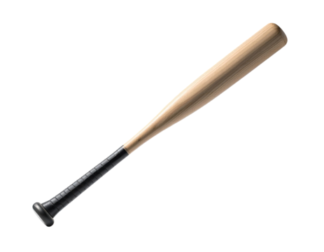 Wooden baseball bat, light beige color, black grip