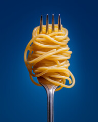 
a fork with plain spaghetti, no sauce, no garnish vivid deep blue background, hyper-detailed, ultra-realistic studio lighting, professional food photography style, high-end advertising look, shot wit