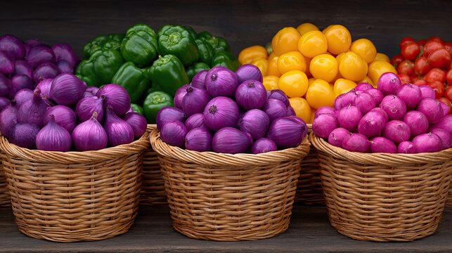 Colorful assortment of fresh vegetables in woven baskets, including purple onions, green bell peppers, yellow tomatoes, and red tomatoes, showcasing a vibrant harvest display. - Powered by Adobe