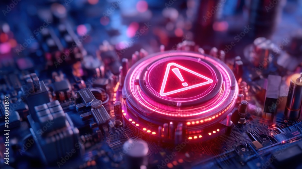 Aufkleber a close-up view of a circuit board featuring a glowing red warning symbol, suggesting a technical al