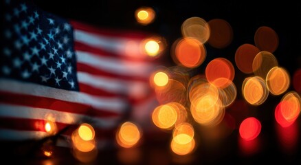 Close-up of US flag with blurred lights