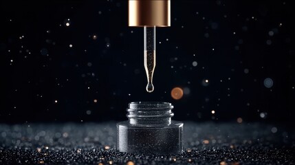 Luxury skincare oil dripping from pipette onto glass bottle, ideal for beauty photography or product demonstrations
