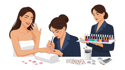 Professional manicurist applying nail polish to a happy client at a beauty salon with a selection of colorful polishes displayed