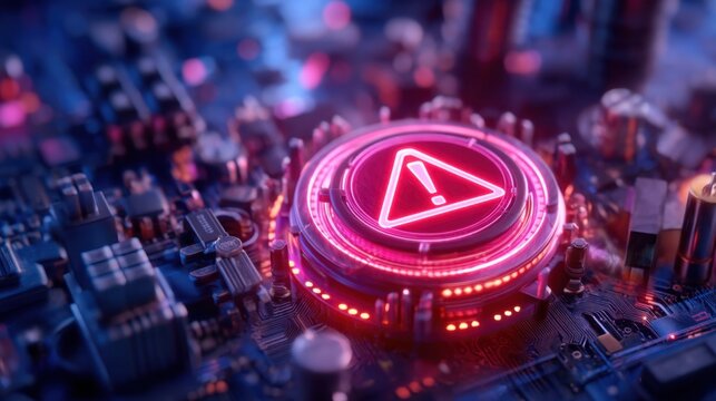 A close-up view of a circuit board featuring a glowing red warning symbol, suggesting a technical alert or error in an electronic device.