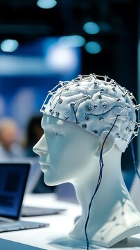 Close up of a mannequin head wearing an eeg cap with electrodes for brainwave monitoring and research