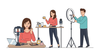 Diverse group of young adults creating online content for social media and vlogging with makeup and video equipment