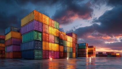 Fototapeta premium Colorful shipping containers at sunset