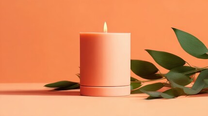 Lit coral candle with green leaves on peach background, ideal for home decor or relaxation content