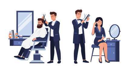 Professional male barber meticulously cutting hair of a bearded man in a salon chair while a female stylist styles a woman s hair at a vanity