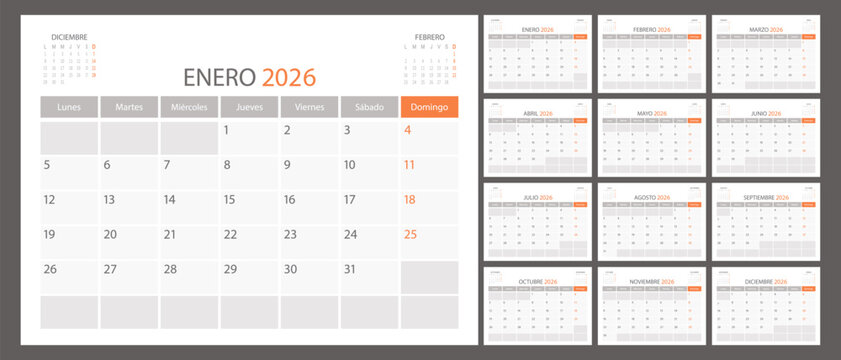 Spanish calendar planner 2026 year, schedule month calender, organizer template. Week starts on Monday. Business personal page for Spain. Modern simple dairy. Vector illustration