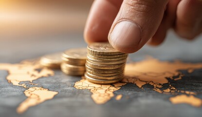 Hand placing coins on world map