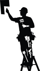 Silhouette of painter on ladder holding roller brush painting wall with professional tools and equipment for home renovation, construction, repair, and decorating project