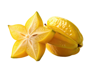 Two star fruit, one sliced open, vibrant yellow, close-up