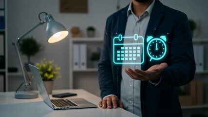 Effective Time Management: Businessman planning appointments using glowing digital calendar and clock in office. - Powered by Adobe