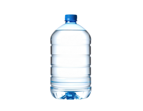Large, clear plastic water bottle with a blue cap (1)