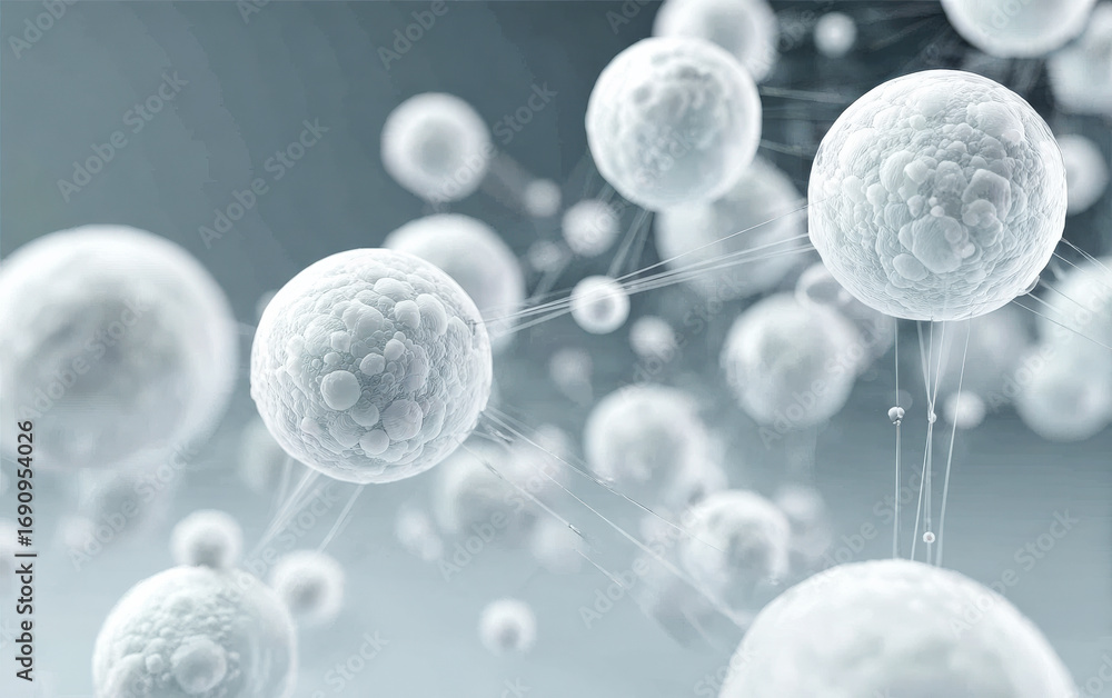 Poster close-up view of white spherical cells with connecting strands