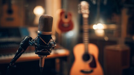Condenser microphone with shock mount in warm home studio, acoustic guitars bokeh background