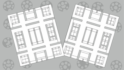 Two architectural floor plans with rectangular rooms and gray accents on a patterned background