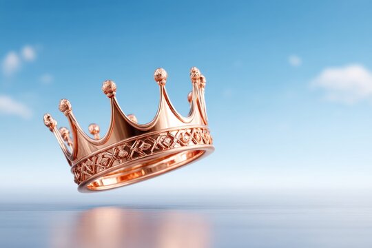 A floating rose gold crown against a clear blue sky, symbolizing royalty, luxury, and elegance.