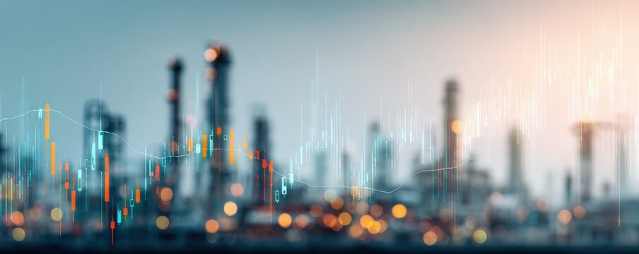 Blurred industrial cityscape with overlaid financial data