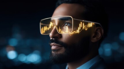 A man wearing futuristic glasses with glowing data visualizations, set against a blurred cityscape background, suggests innovation and technology.