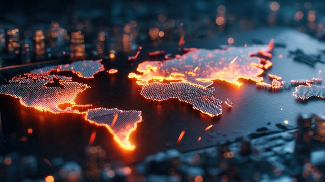 A digital map of Europe and Asia illuminated by glowing lines, depicting a futuristic design with a cityscape in the background.