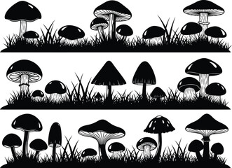 Silhouettes of various mushrooms and grass in three horizontal rows against a white background