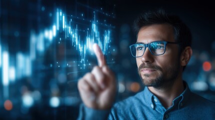 A focused individual analyzes digital financial data on a futuristic interface, highlighting trends and insights with a finger gesture.