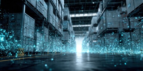 Warehouse interior with digital particles