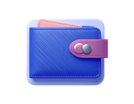 A stylized, 3D rendered image of a blue wallet with a pink interior
