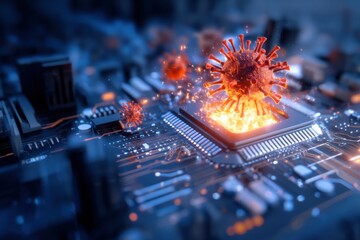 A digital illustration showing a virus emerging from a computer chip, symbolizing the intersection of technology and health threats.