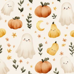 Cute seamless watercolor pattern for Halloween pastel background with cheerful ghosts, pumpkins and flowers