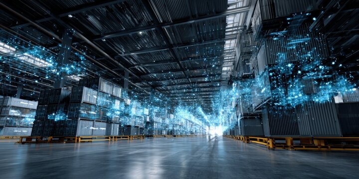 Industrial warehouse with digital overlay