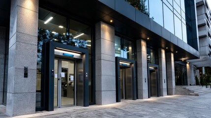 Corporate entrance modern facade professional business architecture financial district contemporary design exterior