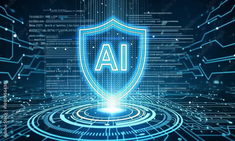 Aufkleber artificial intelligence security shield on a digital background, symbolizing data protection and cyb