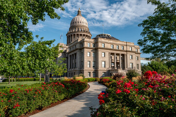 Idaho state capital building with rose garden